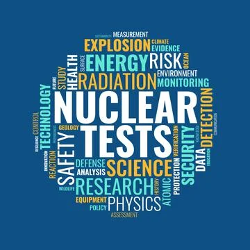 Nuclear Tests Word Cloud Design with Radiation Energy and Scientific Resear.. Illustration