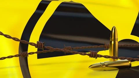 Nuclear Threat Concept With Bullets And Radioactive Warning Sign 3d render. Stock Illustration