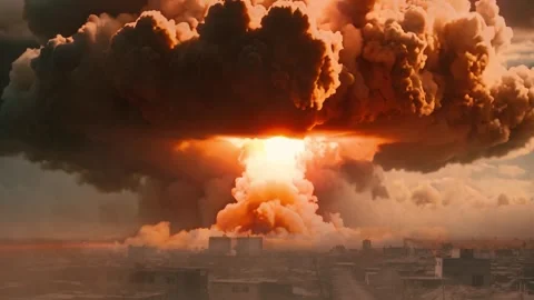 Nuclear war apocalypse concept. Explosion of nuclear bomb in city. City Stock Footage 256068389