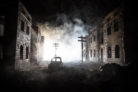 Nuclear war apocalypse concept. Explosion of nuclear bomb in city. City des.. Photos