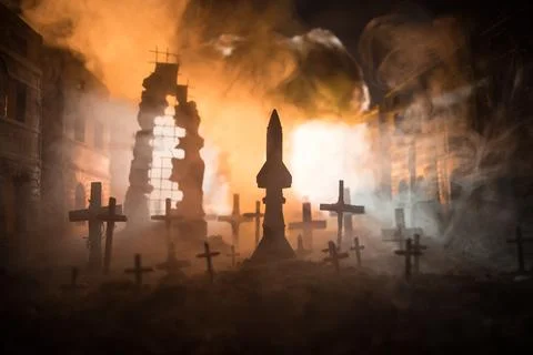 Nuclear war apocalypse concept. Explosion of nuclear bomb in city. City des.. Stock-Fotos