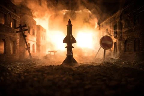 Nuclear war apocalypse concept. Explosion of nuclear bomb in city. City destr Stock Photos