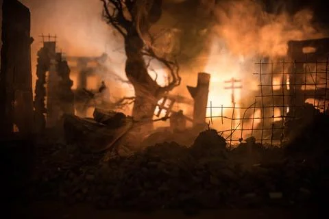 Nuclear war apocalypse concept. Explosion of nuclear bomb in city. City des.. Fotos Stock