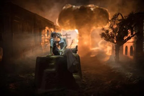 Nuclear war apocalypse concept. Explosion of nuclear bomb in city. City des.. Stock Photos