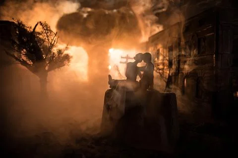 Nuclear war apocalypse concept. Explosion of nuclear bomb in city. City des.. Stock Photos