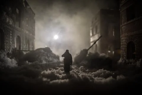 Nuclear war apocalypse concept. Explosion of nuclear bomb in city. City des.. Stock Photos