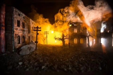 Nuclear war apocalypse concept. Explosion of nuclear bomb in city. City des.. Stock Photos