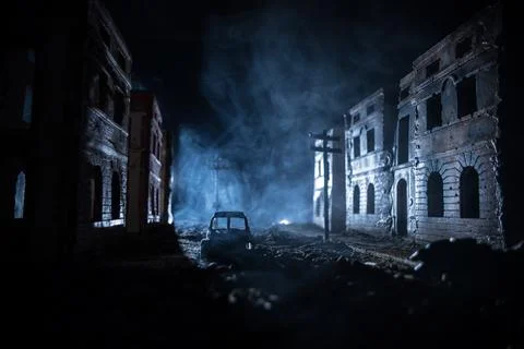 Nuclear war apocalypse concept. Explosion of nuclear bomb in city. City des.. Stock Photos