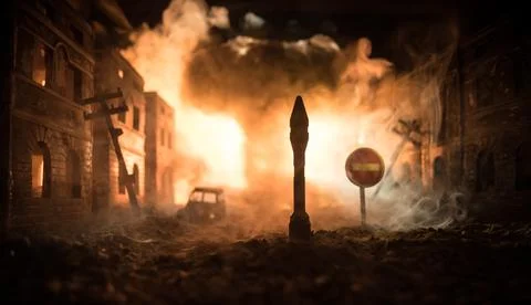 Nuclear war apocalypse concept. Explosion of nuclear bomb in city. City destr Stock Photos