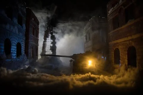 Nuclear war apocalypse concept. Explosion of nuclear bomb in city. City des.. Stock Photos