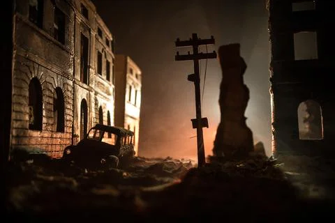 Nuclear war apocalypse concept. Explosion of nuclear bomb in city. City des.. Stock Photos