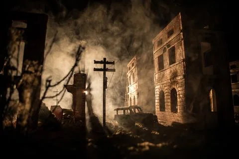 Nuclear war apocalypse concept. Explosion of nuclear bomb in city. City des.. Stock Photos