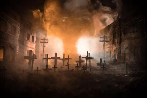 Nuclear war apocalypse concept. Explosion of nuclear bomb in city. City des.. Stock Photos