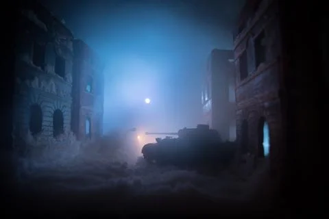 Nuclear war apocalypse concept. Explosion of nuclear bomb in city. City des.. Stock Photos