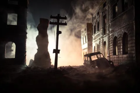 Nuclear war apocalypse concept. Explosion of nuclear bomb in city. City des.. Stock Photos