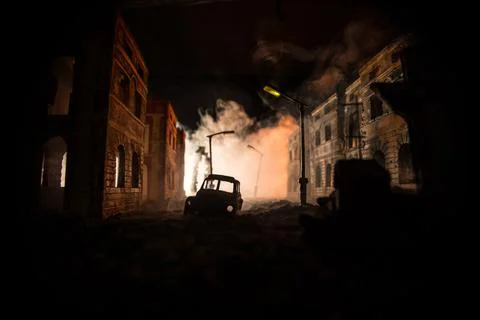 Nuclear war apocalypse concept. Explosion of nuclear bomb in city. City des.. Stock Photos