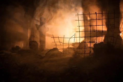 Nuclear war apocalypse concept. Explosion of nuclear bomb in city. City des.. Stock Photos