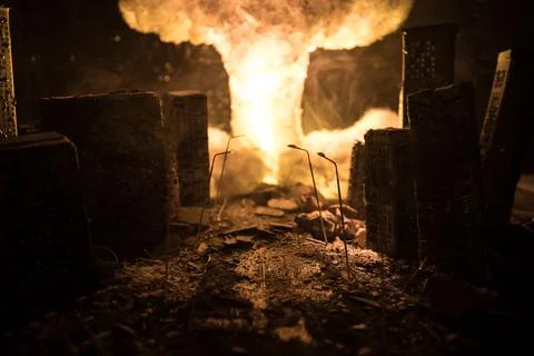 Nuclear war concept. Explosion of nuclear bomb. Creative artwork decoration i Stock Photos