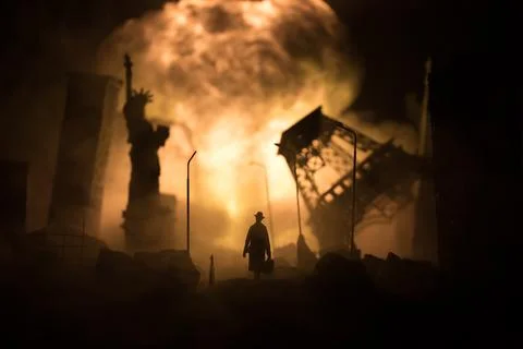 Nuclear war concept. Explosion of nuclear bomb. Creative artwork decoration i Stock Photos