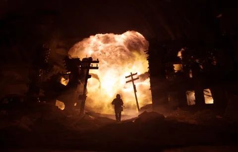 Nuclear war concept. Explosion of nuclear bomb. Creative artwork decoration i Photos