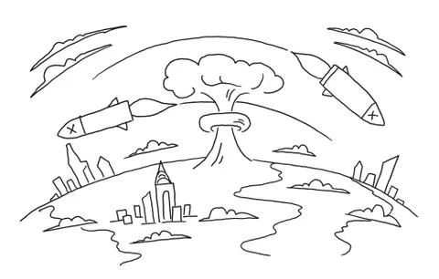 Nuclear war hand-drawn sketch. Nuclear weapons. Bombs of a rocket fly over the Stock Illustration