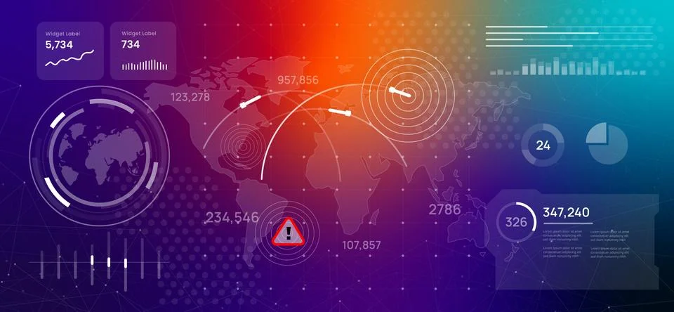 Nuclear war rocket launch dashboard displaying a world map with military Stock Illustration
