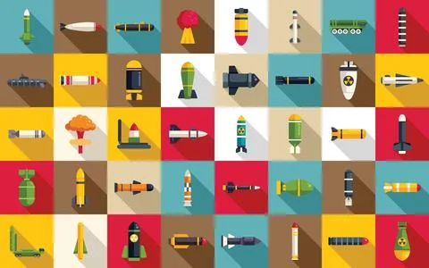 Nuclear weapon icons set flat vector. Military gun army Stock Illustration