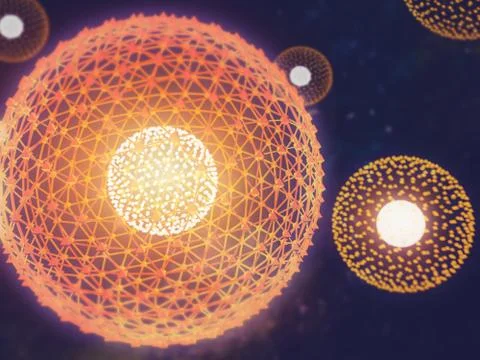 Nucleus of Atom Nuclear explode ray radiation light science 3D Illustration.. Stock Illustration