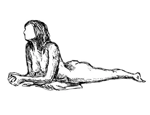 Nude Female Figure Model Posing Prone on Elbows Side View Doodle Art Continuo Stock Illustration