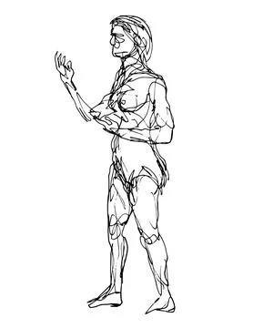 Nude Female Human Figure Posing Standing Doodle Art Continuous Line Drawing Stock Illustration