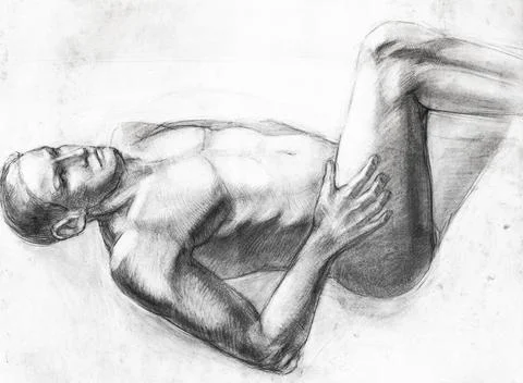 Nude man lying down drawn with charcoal on white Stock Illustration