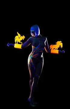 Nude model posing with creative UV pattern on body Nude model posing with ... Stock Photos