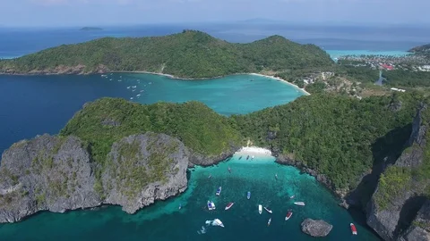Nui Beach on Ko Phi Phi Don Island Thailand Drone Footage Stock Footage 128938299