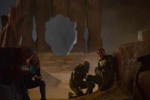  null Brie Larson, Rune Temte &amp; Jude Law. Marvel Studios CAPTAIN MARVEL..L... Stock Photos