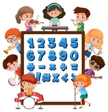 Number 0 to 9 and math symbols on banner with many kids doing different activ イラスト素材