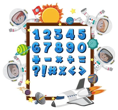 Number 0 to 9 and math symbols on banner with many kids in outer space theme Stock Illustration