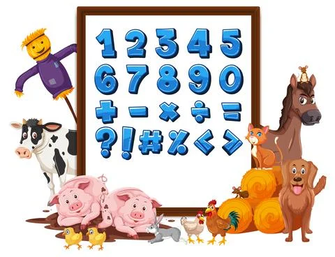 Number 0-9 and math symbols on board with farm animals Stock Illustration