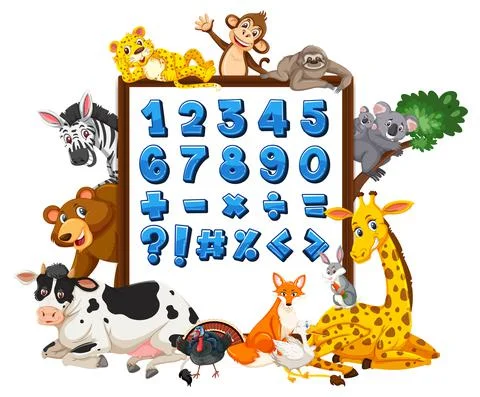 Number 0 to 9 and math symbols on banner with wild animals イラスト素材