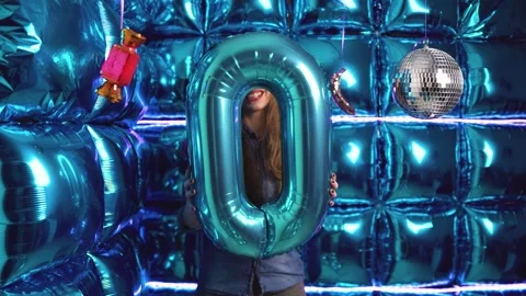 Number 0 Blue Balloo Young Woman Smiling Behind Stock Footage 306675227