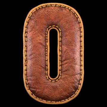 Number 0 made of leather. 3D render font with skin texture on black background. Stock Illustration
