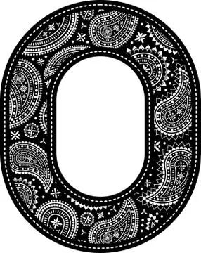 Number 0 with paisley pattern design. Embroidery style in black color. Isolat Stock Illustration