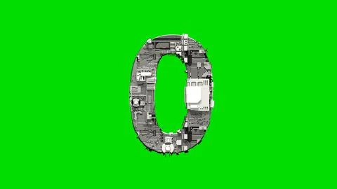 Number 0, silver cyber scrap metal digital alphabet on green Ilustração Stock