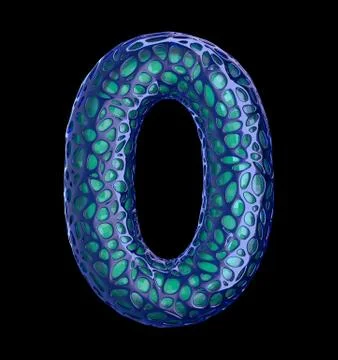Number 0 zero made of blue plastic with abstract holes isolated on black Stock Illustration
