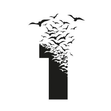 Number 1 with effect of destruction. Dispersion. Birds Stock Illustration