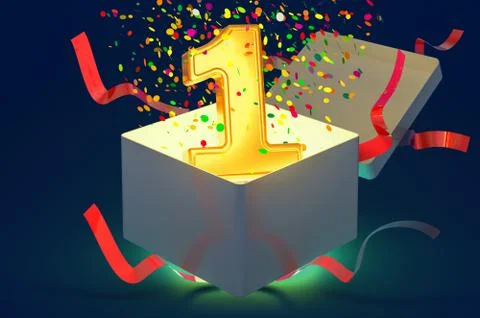 Number 1 inside gift box with confetti and shiny light, 3D rendering Stock Illustration