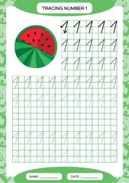 Number 1. One Tracing Worksheet. Watermelon. Preschool worksheet, practicing Stock Illustration