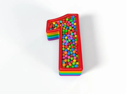 Number 1 shaped child pool filled with plastic toy balls. 3D illustration Stock Illustration