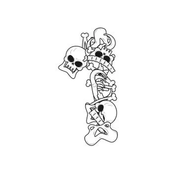 Number 1 skeleton. Bones Font one. Anatomy of an alphabet symbol. dead ABC si Stock Illustration