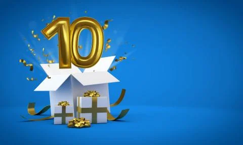Number 10 exploding from a birthday present gift box. 3D Render 스톡 일러스트