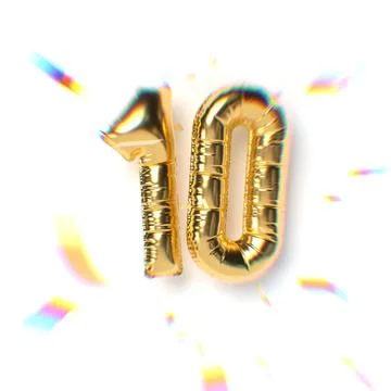Number 10 Gold Balloon Text and Falling Soft Focus Confetti Stock Illustration